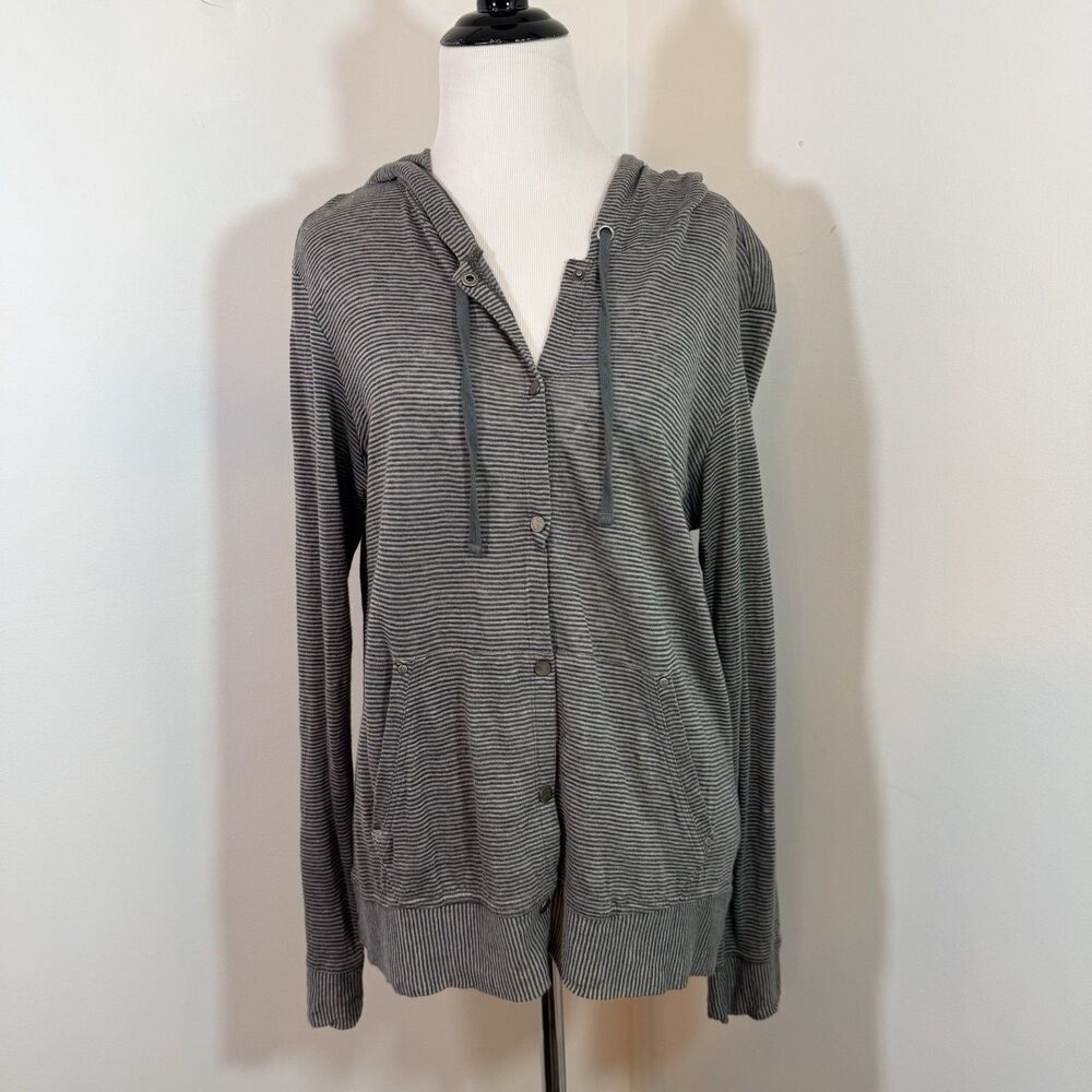 Eileen Fisher Women's 100% Linen Button Up Hoodie Shirt Grey White Striped XS